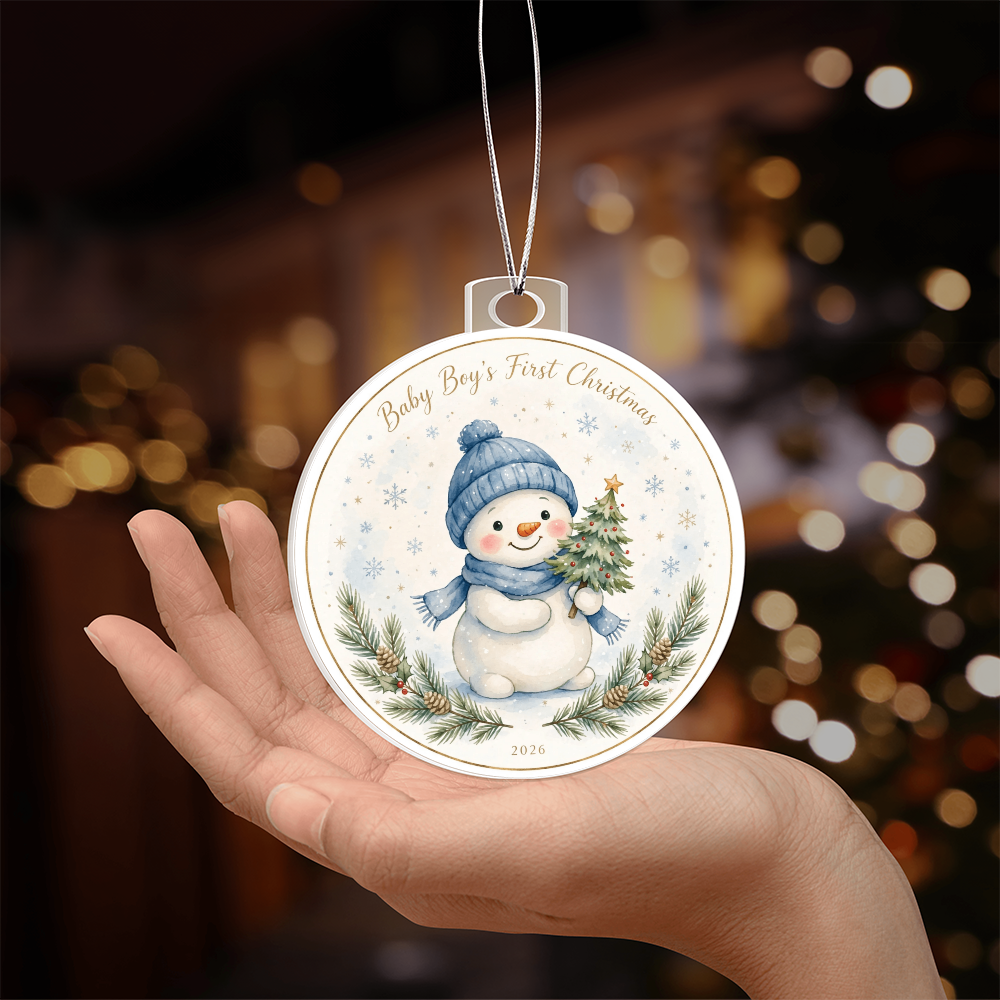 Baby Boy's First Christmas 2026 — blue-hat snowman