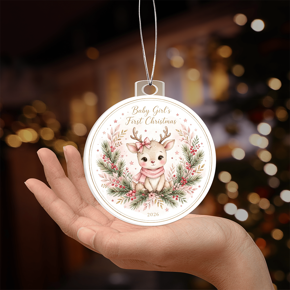 Baby Girl's First Christmas 2026 — pink-bow reindeer