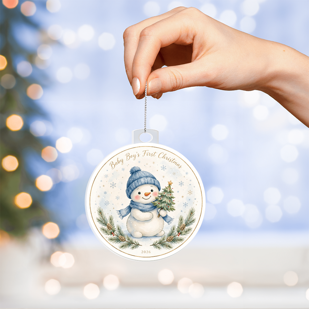 Baby Boy's First Christmas 2026 — blue-hat snowman
