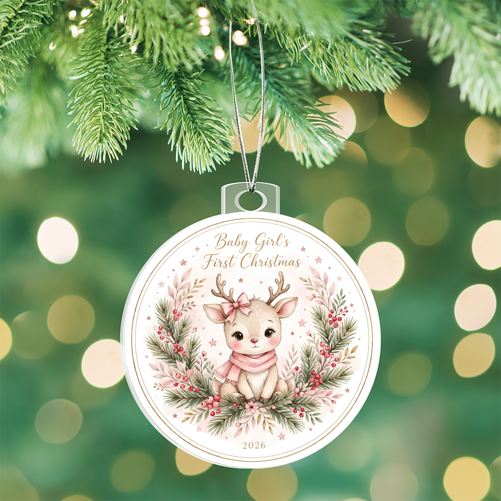 Baby Girl's First Christmas 2026 — pink-bow reindeer