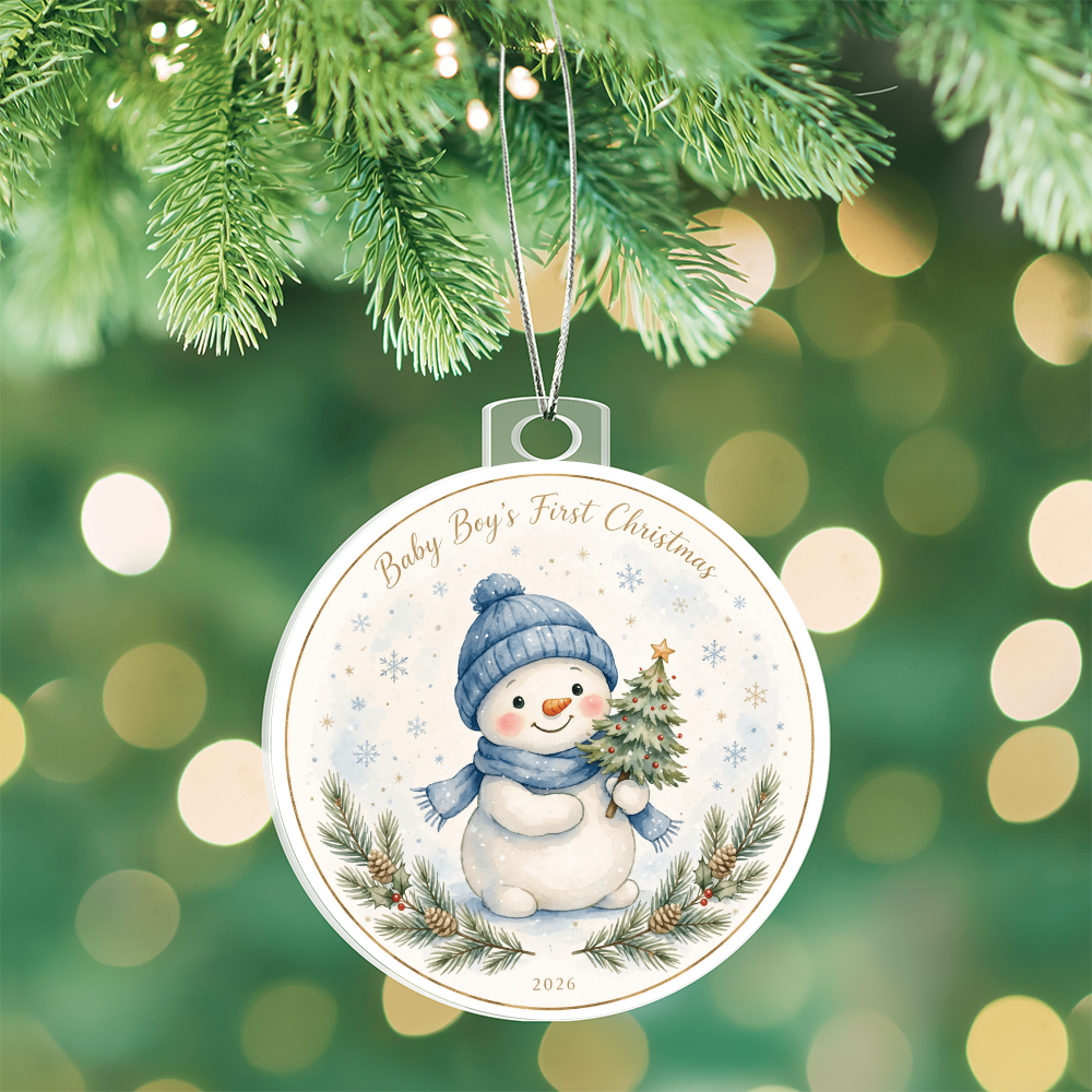 Baby Boy's First Christmas 2026 — blue-hat snowman