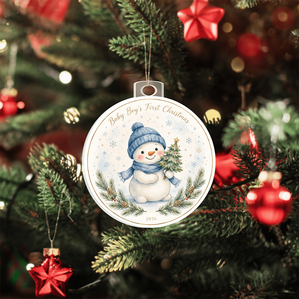 Baby Boy's First Christmas 2026 — blue-hat snowman