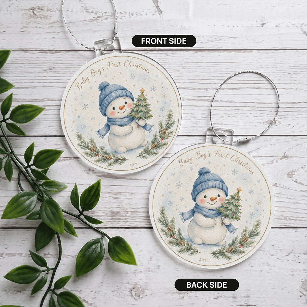 Baby Boy's First Christmas 2026 — blue-hat snowman