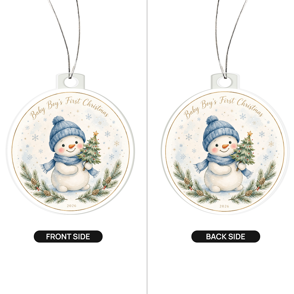 Baby Boy's First Christmas 2026 — blue-hat snowman