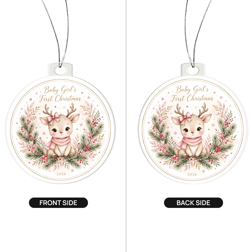Baby Girl's First Christmas 2026 — pink-bow reindeer