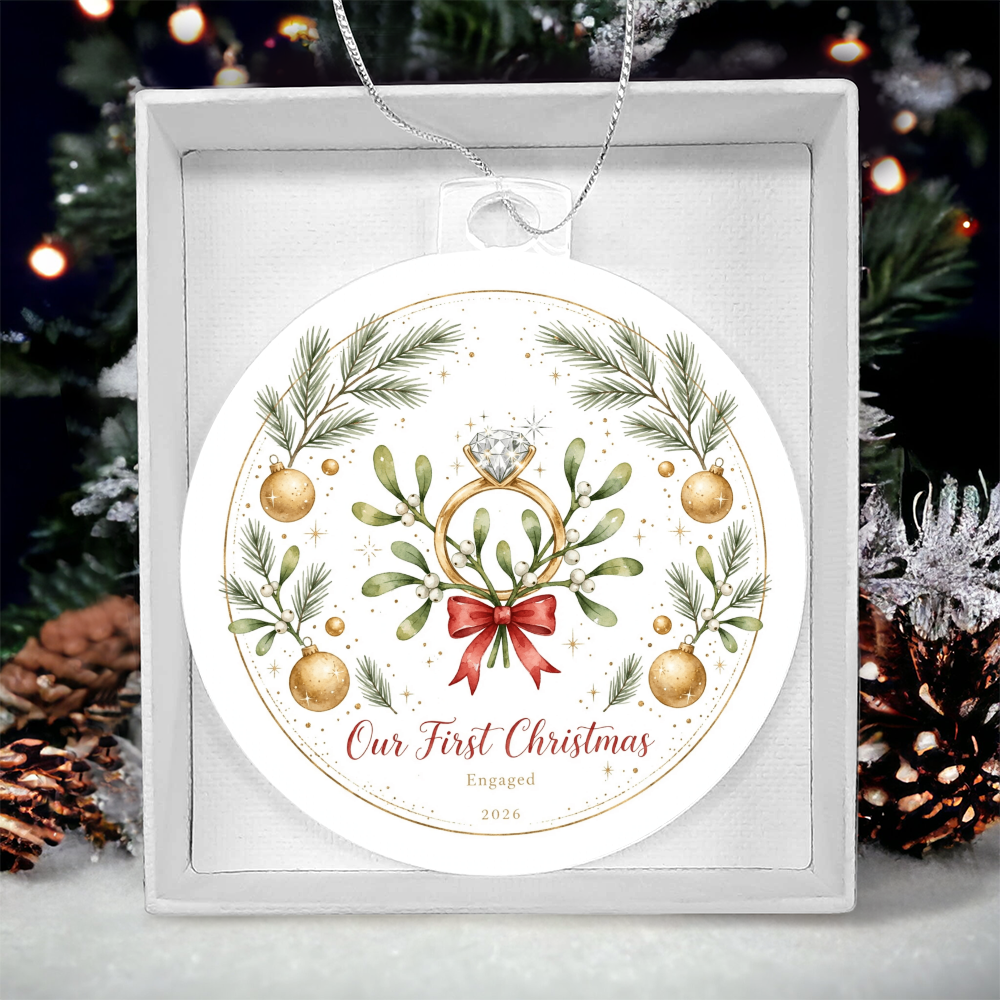 Our First Christmas Engaged 2026 — diamond ring on mistletoe