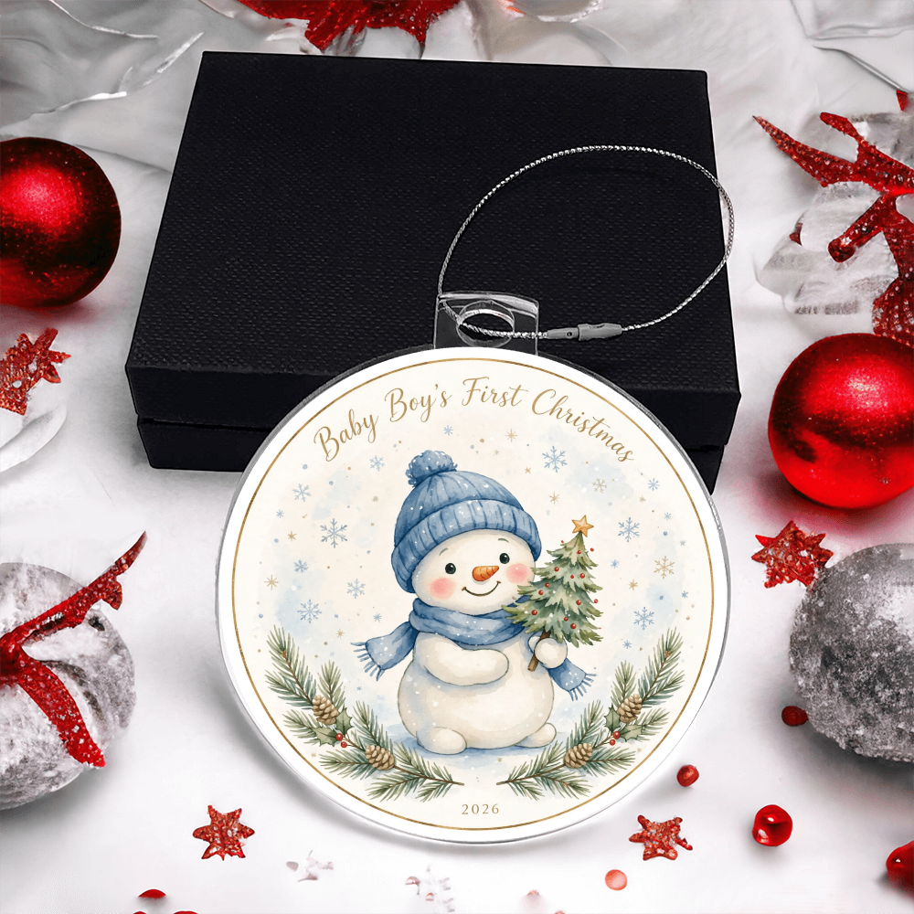 Baby Boy's First Christmas 2026 — blue-hat snowman