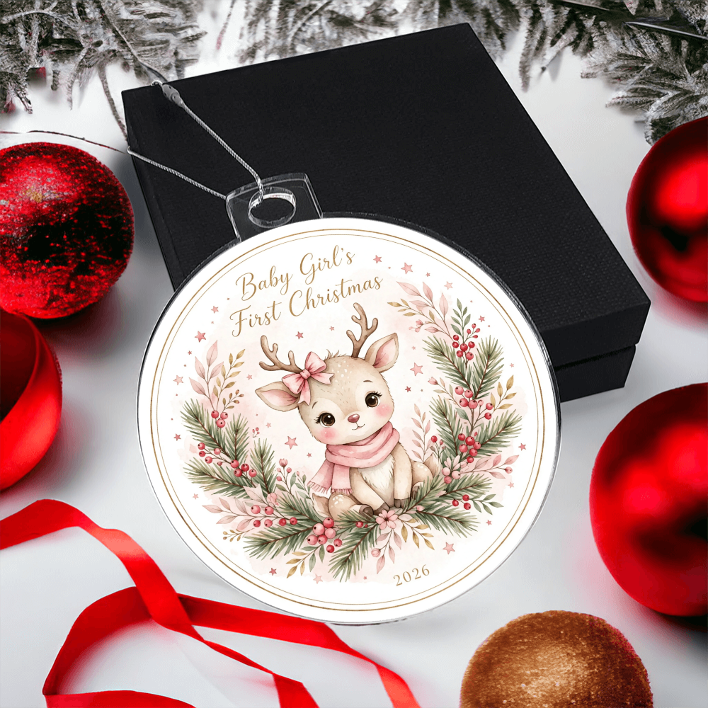 Baby Girl's First Christmas 2026 — pink-bow reindeer
