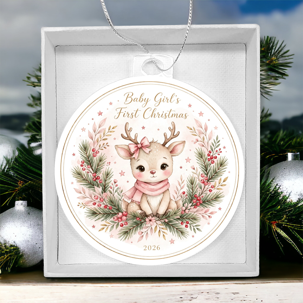 Baby Girl's First Christmas 2026 — pink-bow reindeer