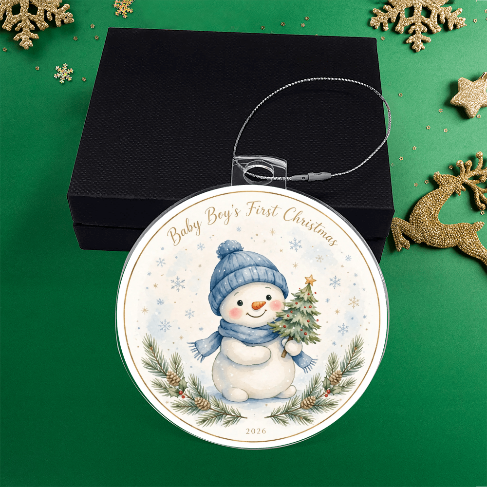 Baby Boy's First Christmas 2026 — blue-hat snowman