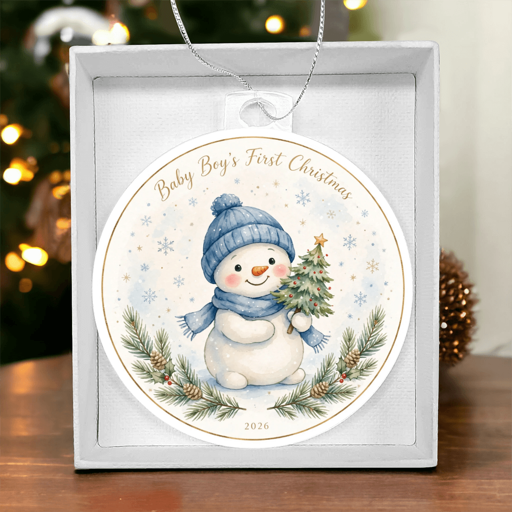 Baby Boy's First Christmas 2026 — blue-hat snowman