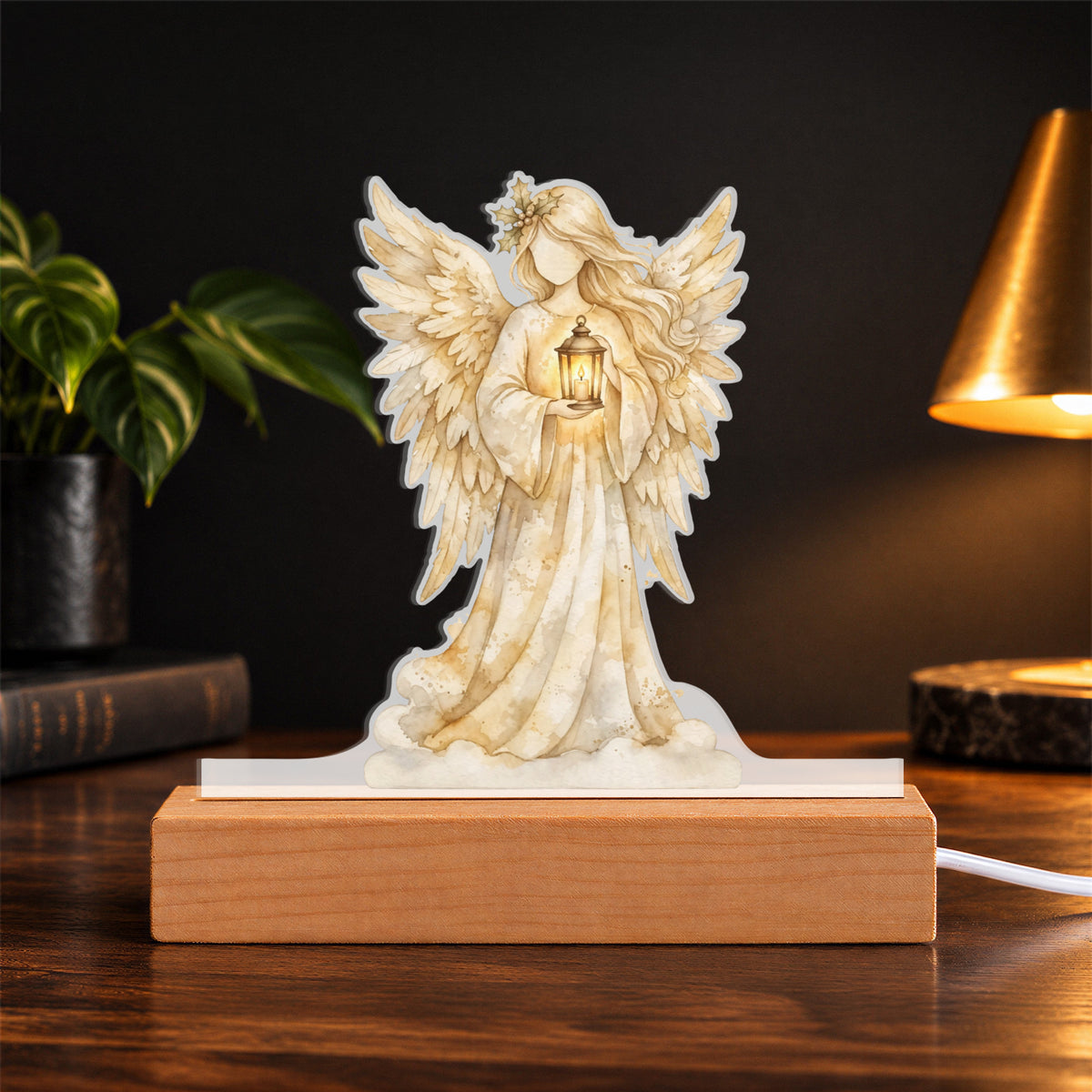 Christmas Angel LED Plaque – Custom Cut Acrylic Night Light with Lantern