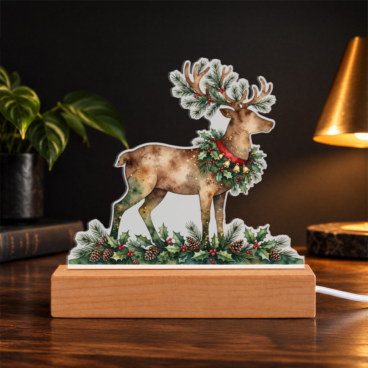 Christmas Reindeer LED Plaque – Custom Cut Acrylic Night Light with Holly Wreath