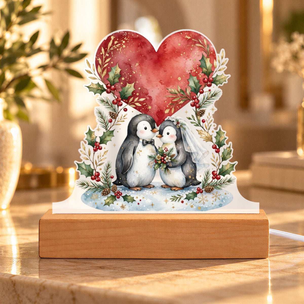 Our First Christmas as Mr & Mrs 2026 LED Plaque – Penguin Newlyweds Custom Cut Acrylic Night Light