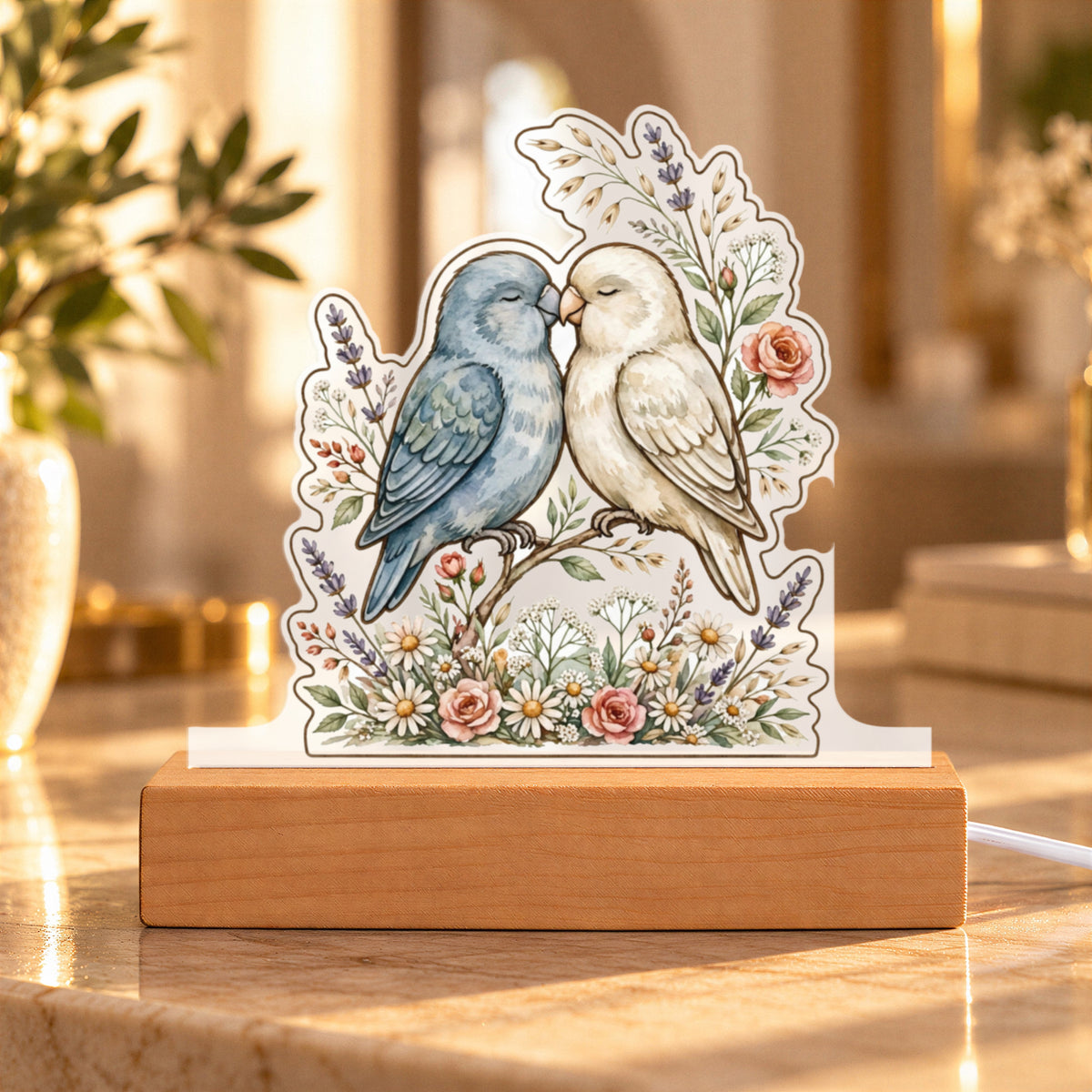 Lovebirds — dusty blue and cream, beaks touching over a wildflower base