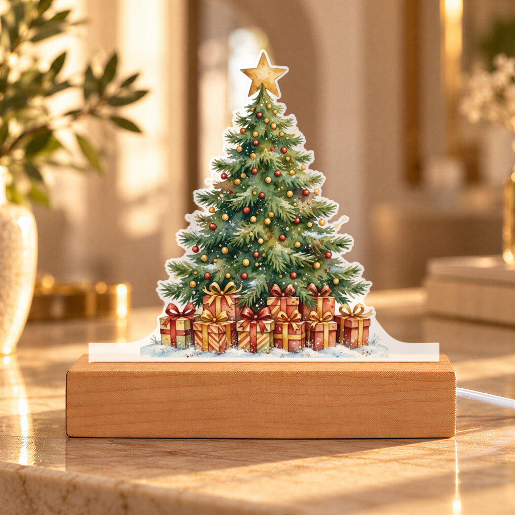 Christmas Tree LED Plaque – Custom Cut Acrylic Night Light with Ornaments & Gifts