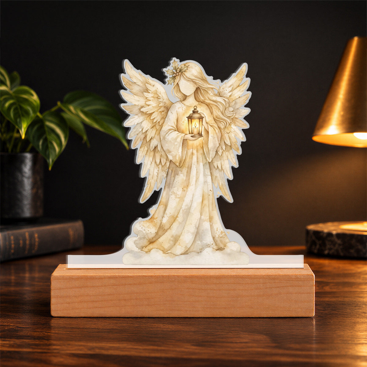 Christmas Angel LED Plaque – Custom Cut Acrylic Night Light with Lantern
