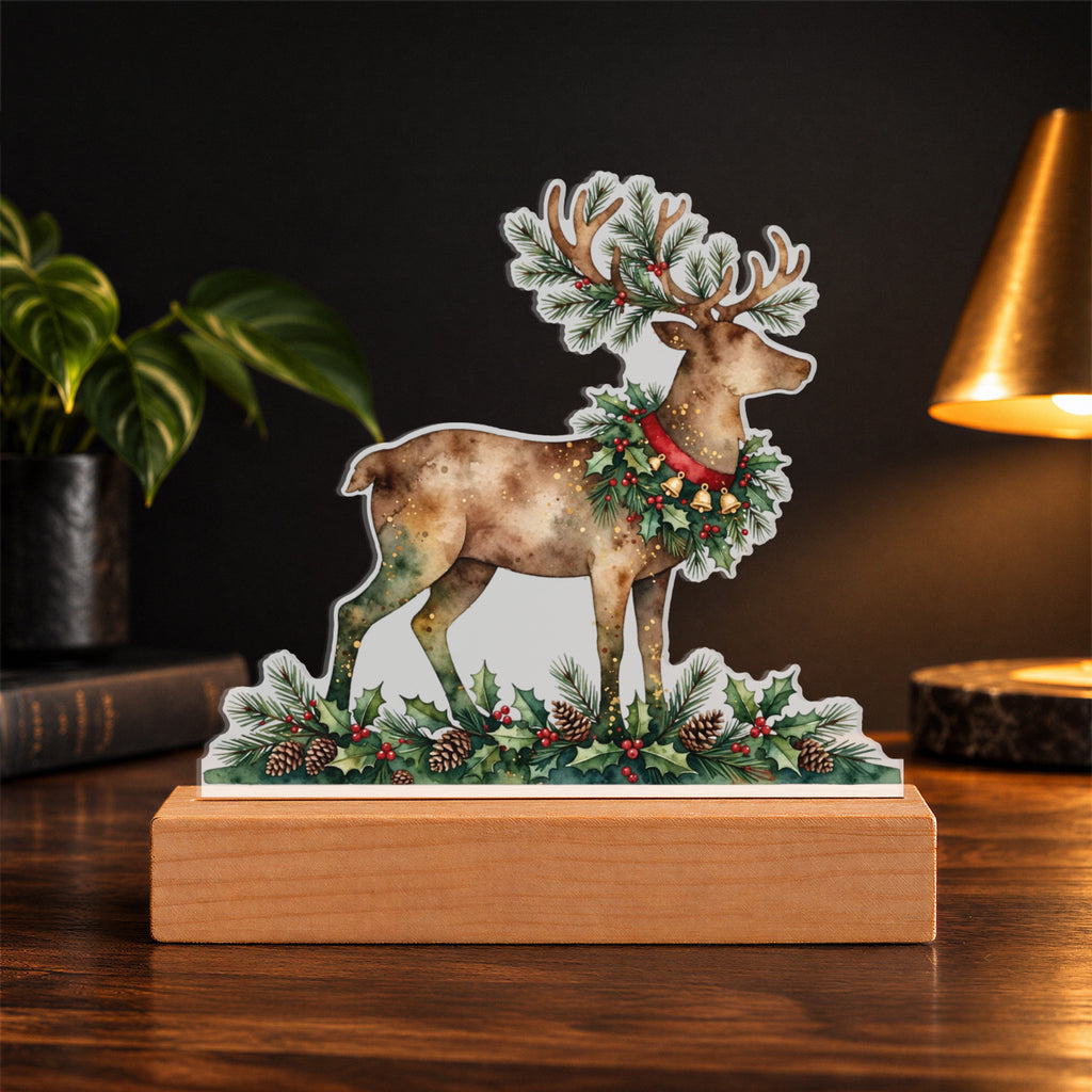 Christmas Reindeer LED Plaque – Custom Cut Acrylic Night Light with Holly Wreath