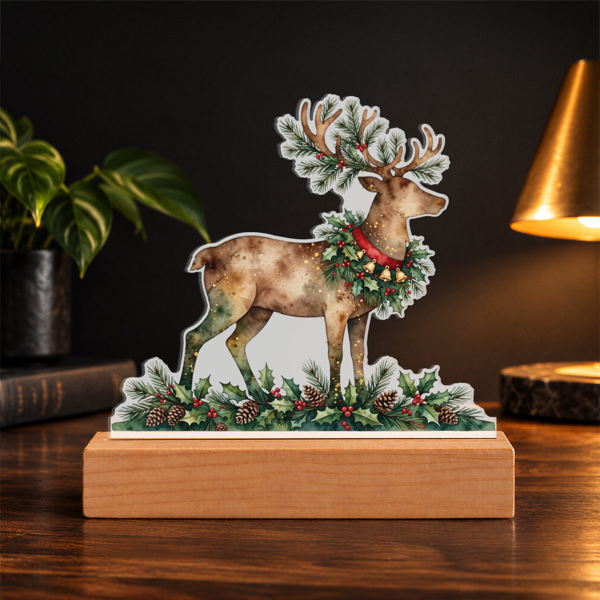 Christmas Reindeer LED Plaque – Custom Cut Acrylic Night Light with Holly Wreath