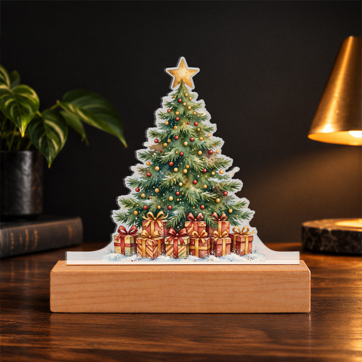 Christmas Tree LED Plaque – Custom Cut Acrylic Night Light with Ornaments & Gifts