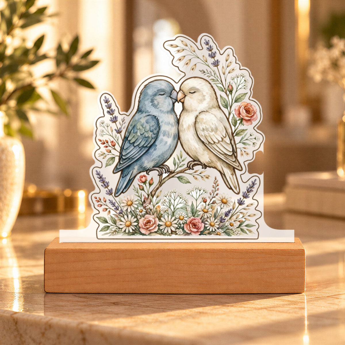 Lovebirds — dusty blue and cream, beaks touching over a wildflower base