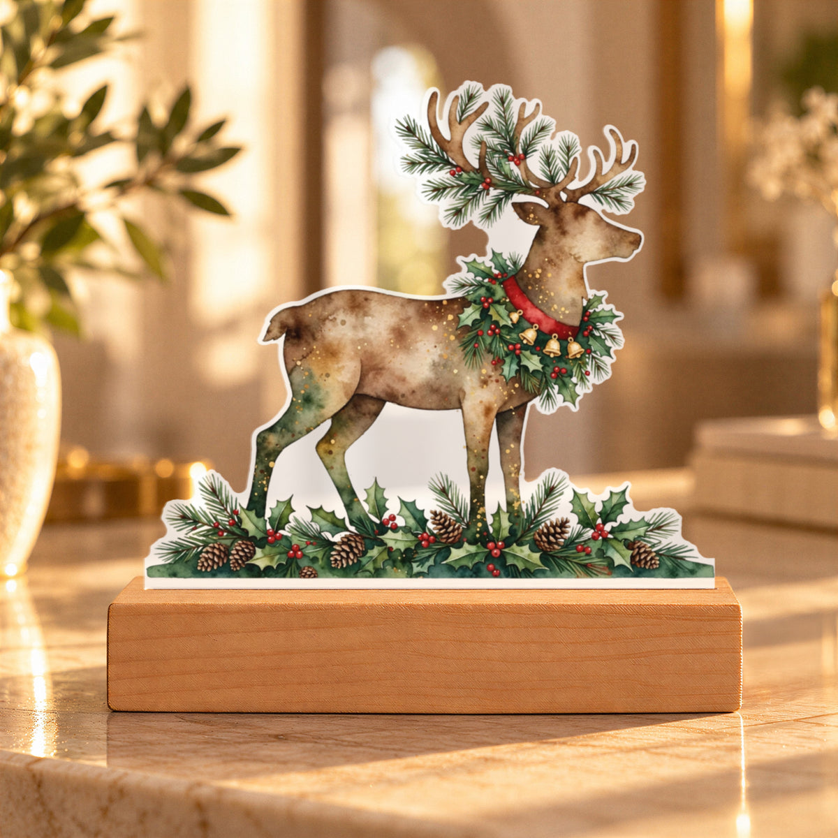 Christmas Reindeer LED Plaque – Custom Cut Acrylic Night Light with Holly Wreath