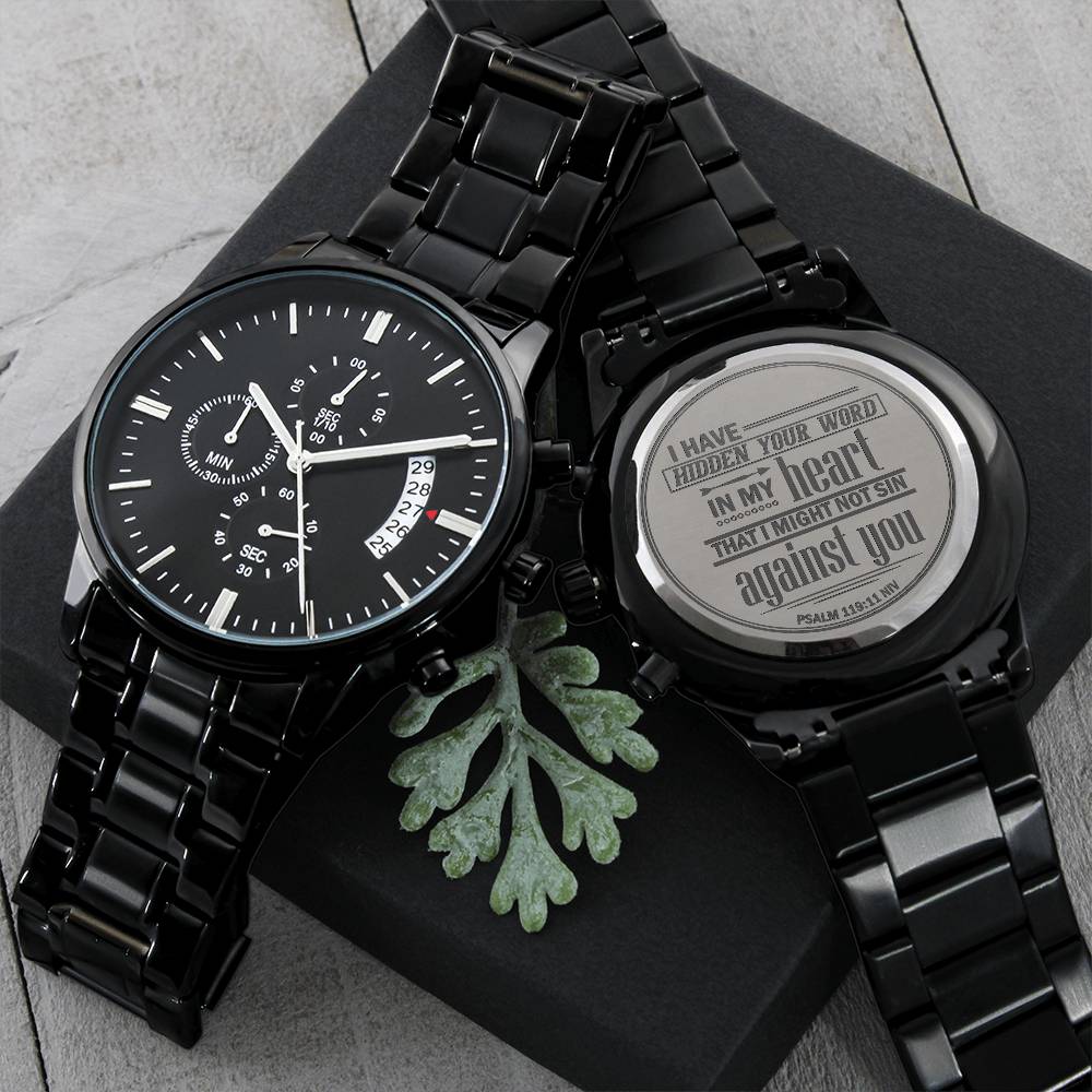 Men's Engraved Watch – ‘Hidden Your Word in My Heart’ Psalm 119:11 NIV Christian Gift