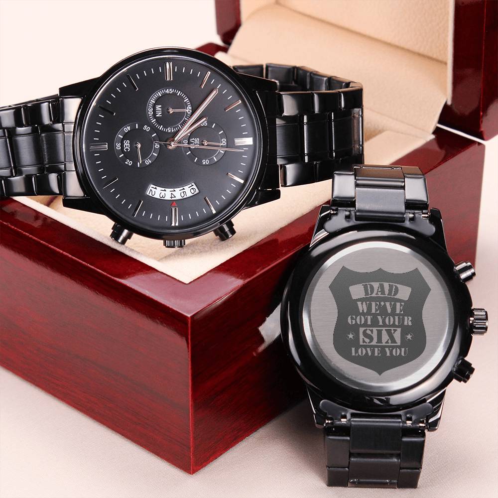 Men's Engraved Watch, We've Got Your Six, Charcoal Black, Gift Watch