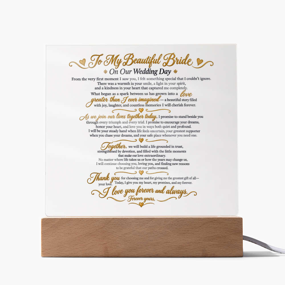 Wedding Vows Acrylic Plaque, To My Beautiful Bride, Romantic Wedding Keepsake Gift
