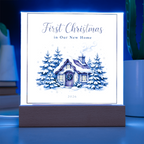 First Christmas in Our New Home 2026 Square Acrylic Plaque - Snowy Cottage LED Keepsake