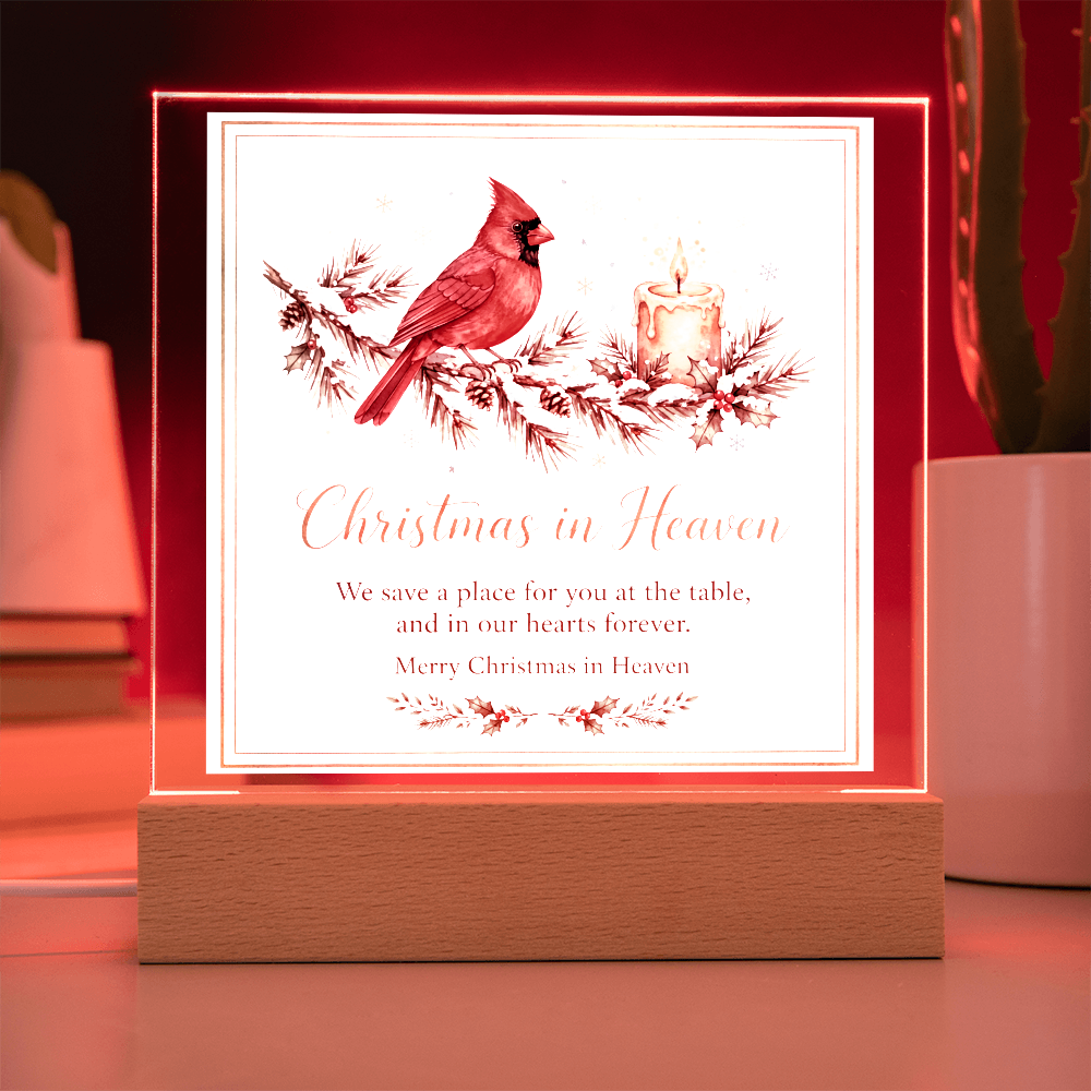 Christmas in Heaven Square Acrylic Plaque - Cardinal Memorial LED Keepsake