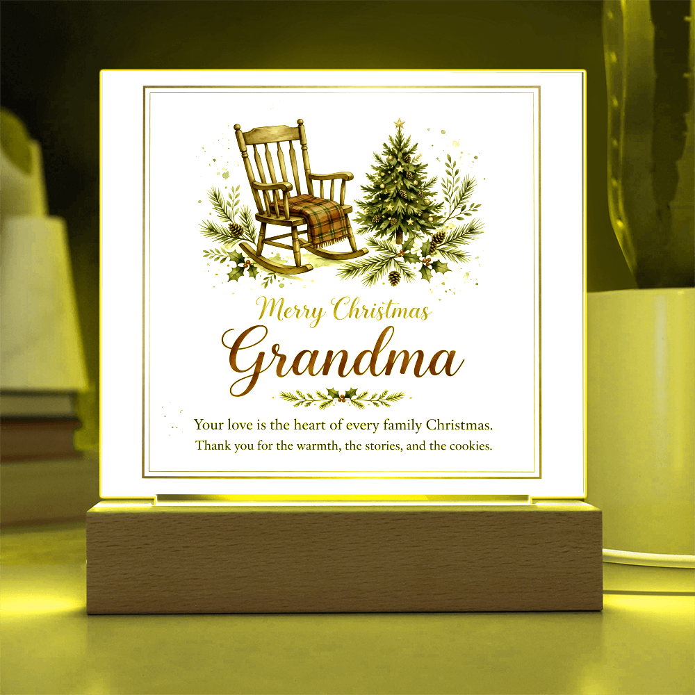Merry Christmas Grandma Square Acrylic Plaque - Rocking Chair LED Keepsake Gift