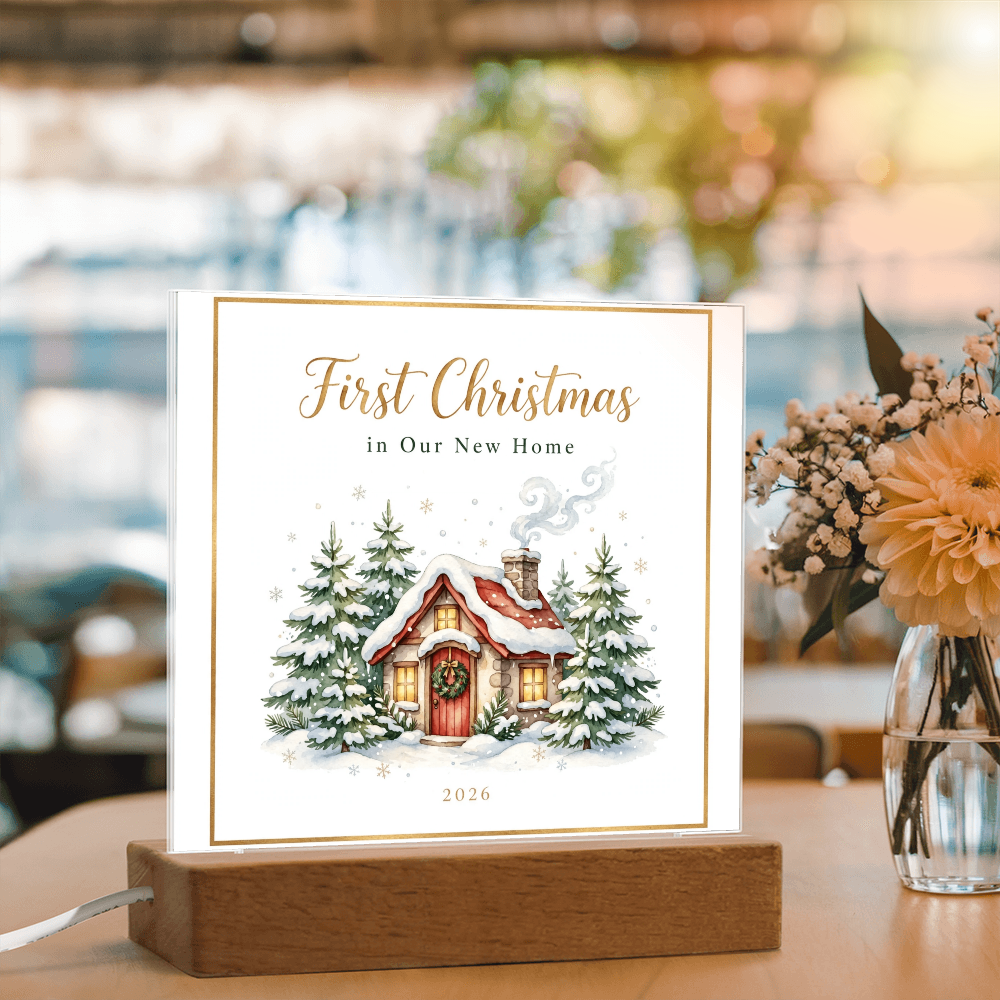 First Christmas in Our New Home 2026 Square Acrylic Plaque - Snowy Cottage LED Keepsake