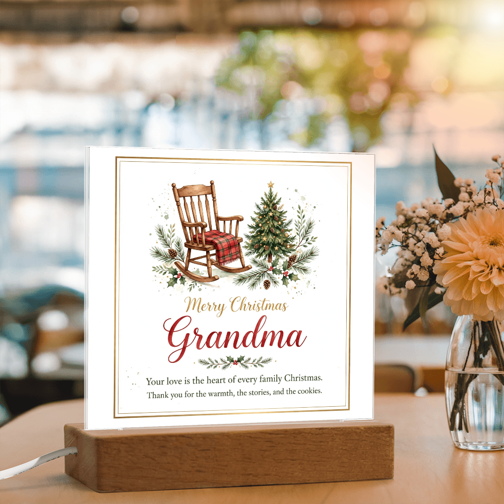 Merry Christmas Grandma Square Acrylic Plaque - Rocking Chair LED Keepsake Gift