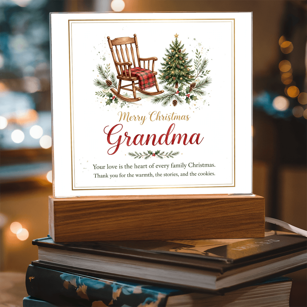 Merry Christmas Grandma Square Acrylic Plaque - Rocking Chair LED Keepsake Gift