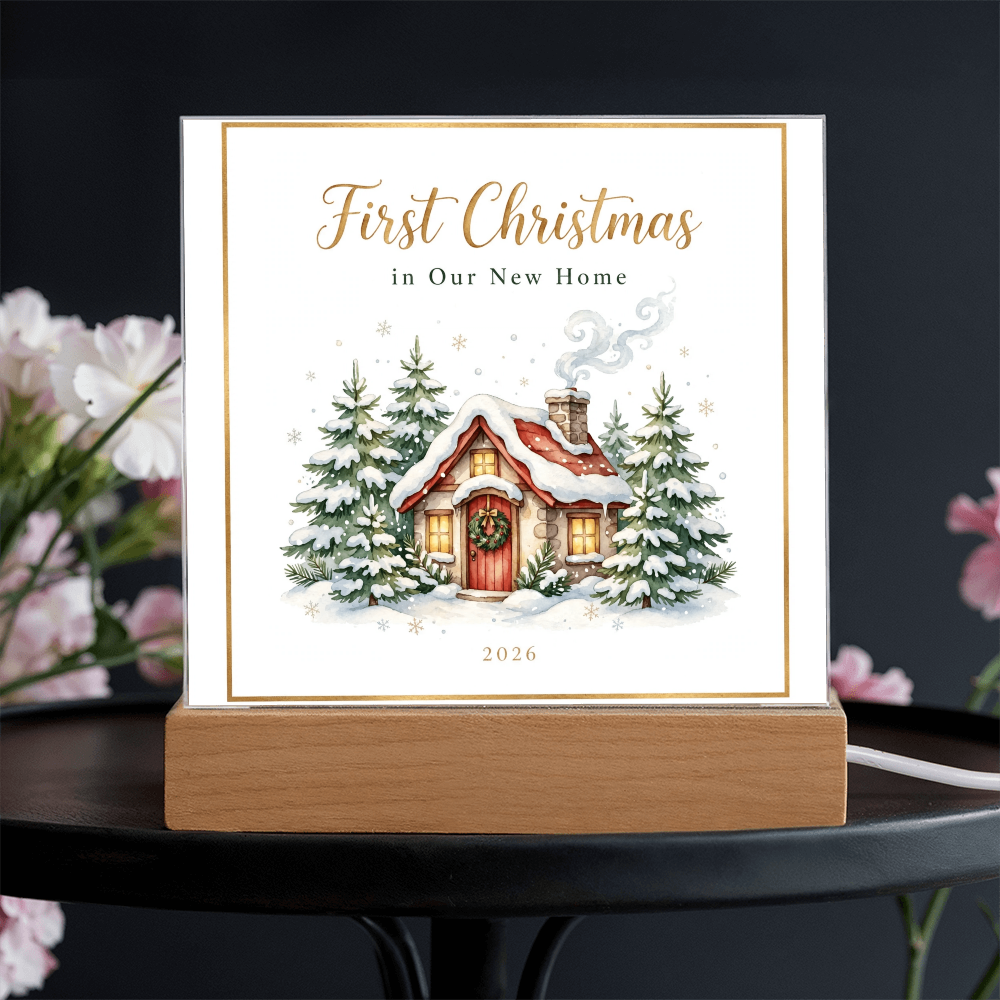 First Christmas in Our New Home 2026 Square Acrylic Plaque - Snowy Cottage LED Keepsake