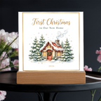 First Christmas in Our New Home 2026 Square Acrylic Plaque - Snowy Cottage LED Keepsake