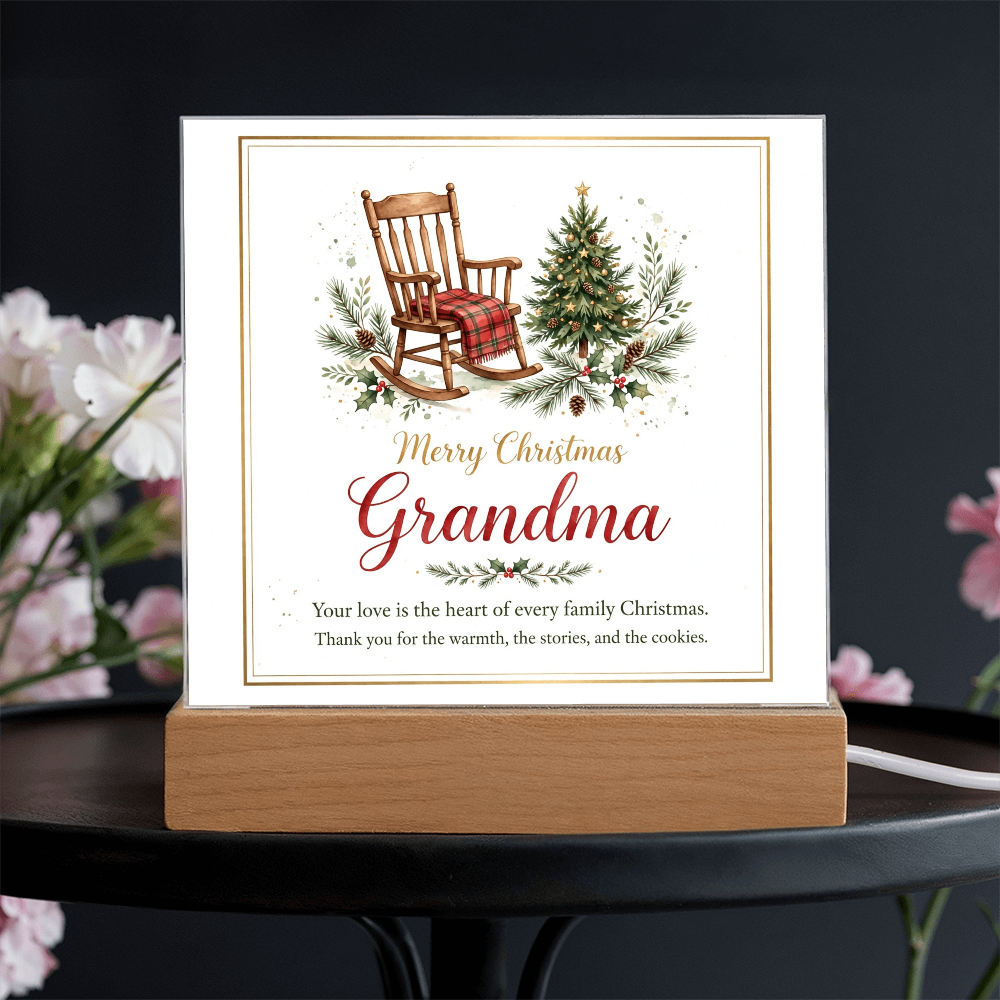 Merry Christmas Grandma Square Acrylic Plaque - Rocking Chair LED Keepsake Gift