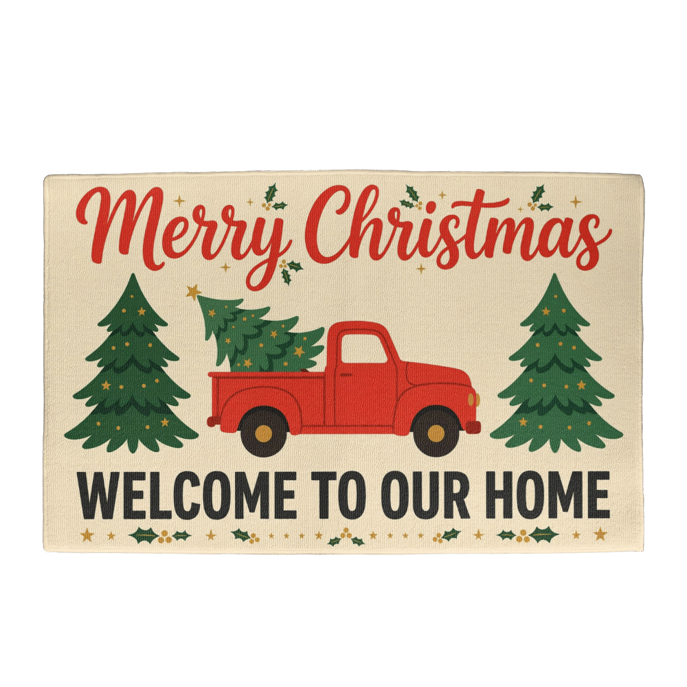 Red Truck Christmas Door Mat - 'Welcome to Our Home' Welcome Mat
