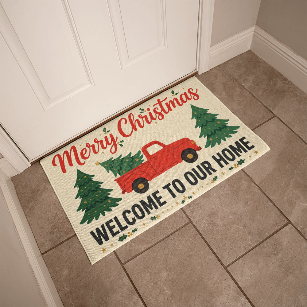 Red Truck Christmas Door Mat - 'Welcome to Our Home' Welcome Mat