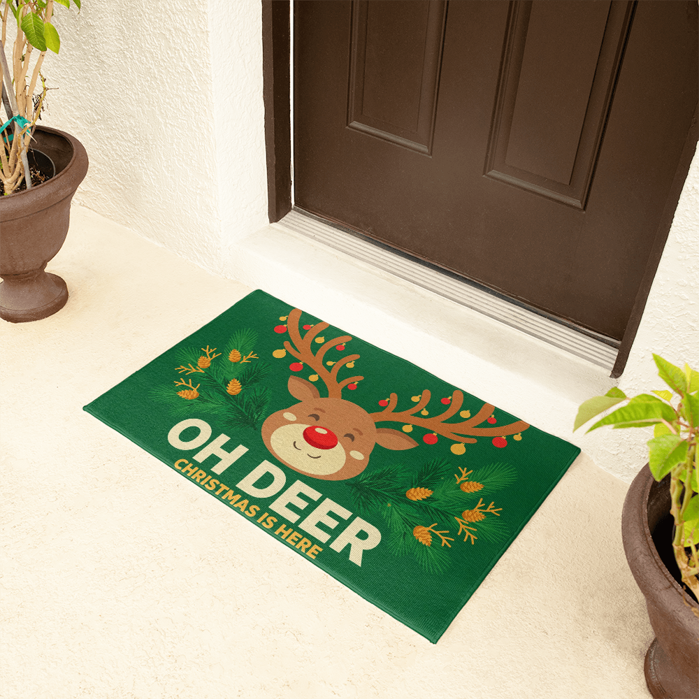 Oh Deer, Christmas Is Here Door Mat - Reindeer Welcome Mat