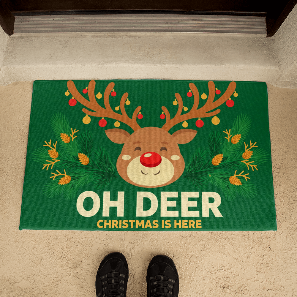 Oh Deer, Christmas Is Here Door Mat - Reindeer Welcome Mat