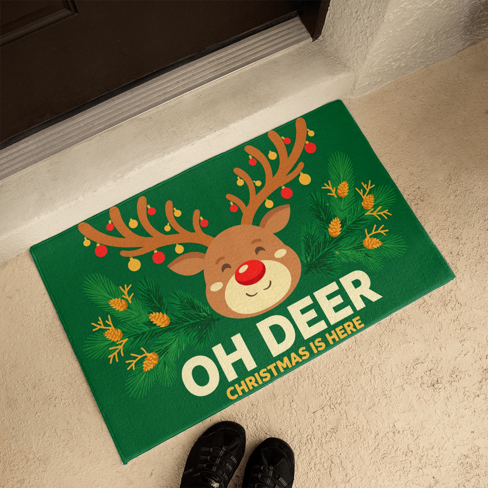 Oh Deer, Christmas Is Here Door Mat - Reindeer Welcome Mat