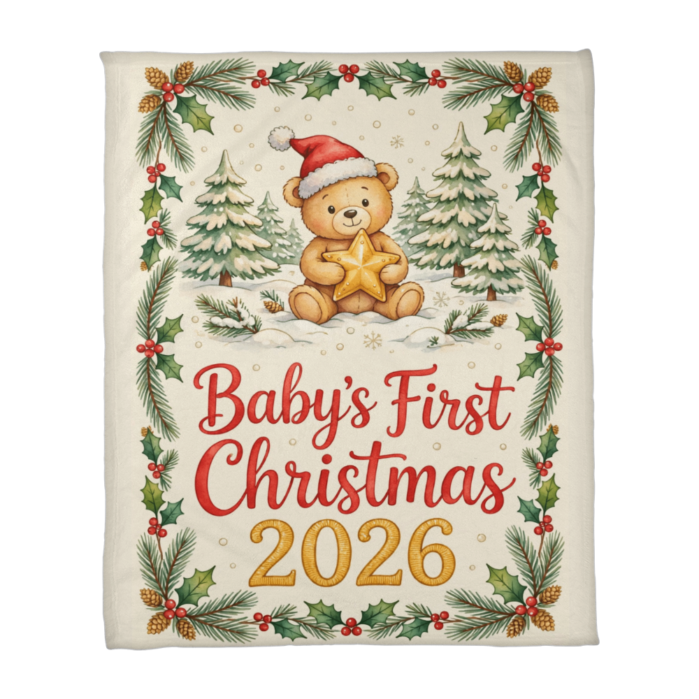 Baby's First Christmas 2026 Fleece Blanket - Teddy with Gold Star