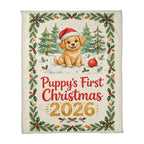 Puppy's First Christmas 2026 Fleece Blanket - Golden Puppy in Santa Hat