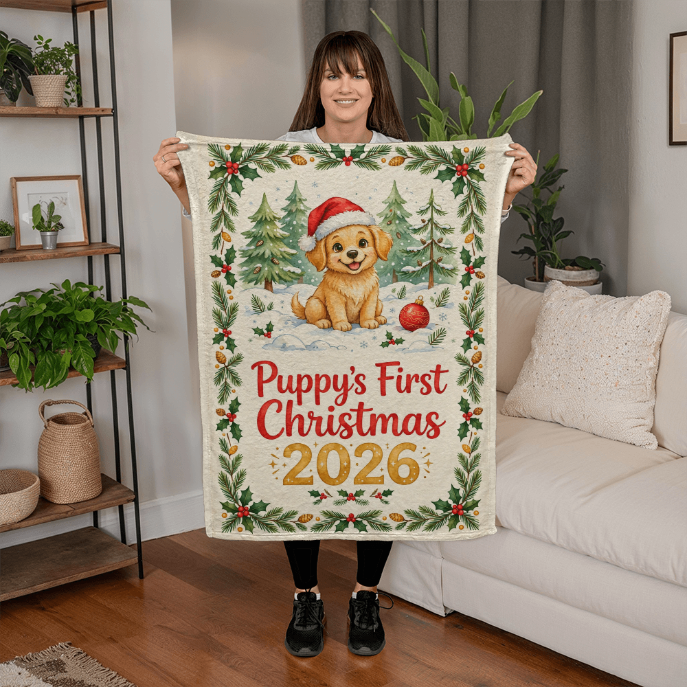Puppy's First Christmas 2026 Fleece Blanket - Golden Puppy in Santa Hat