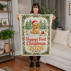 Puppy's First Christmas 2026 Fleece Blanket - Golden Puppy in Santa Hat