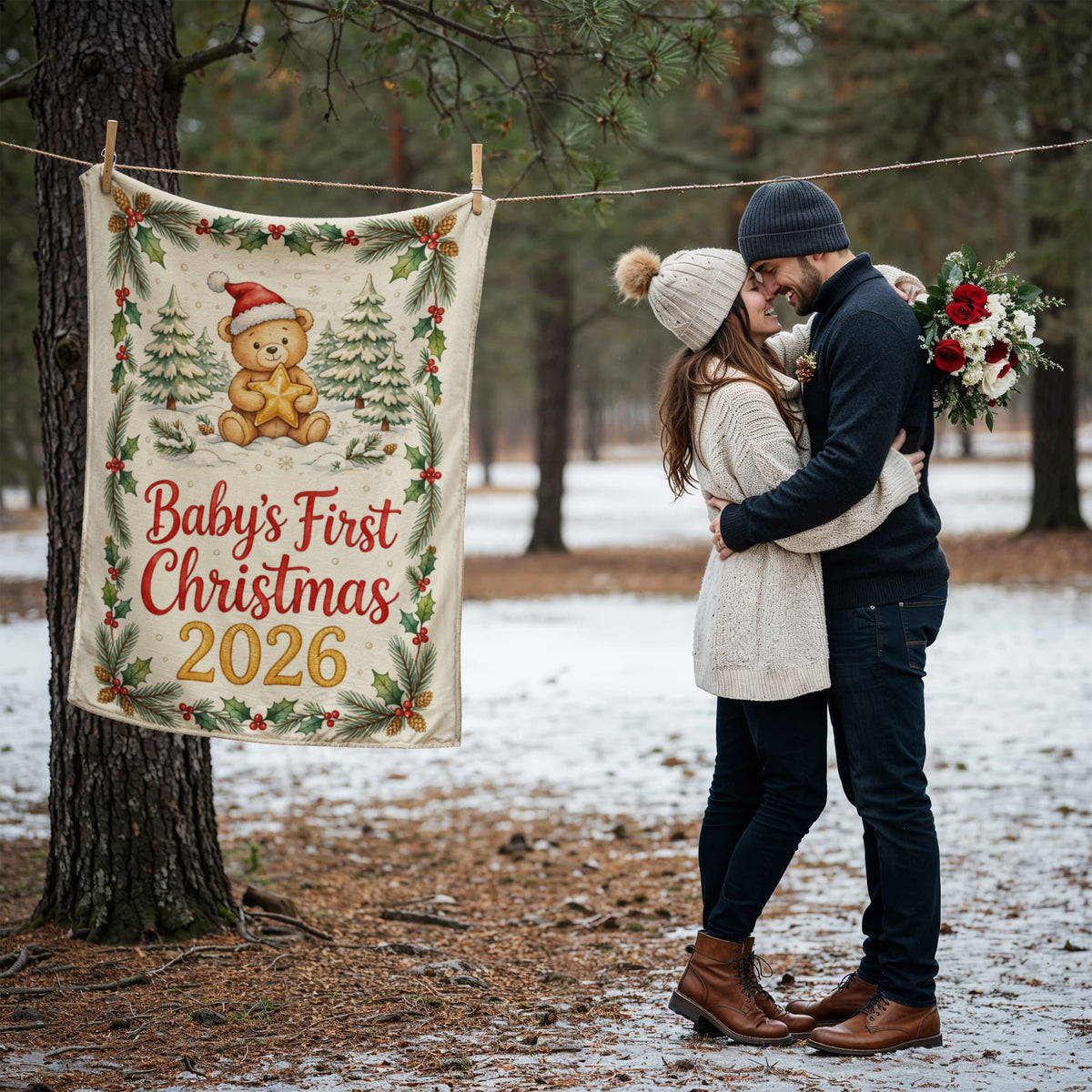 Baby's First Christmas 2026 Fleece Blanket - Teddy with Gold Star