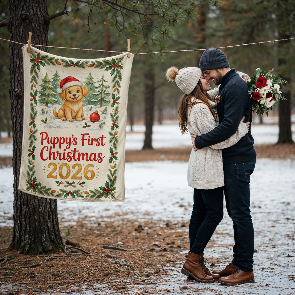 Puppy's First Christmas 2026 Fleece Blanket - Golden Puppy in Santa Hat