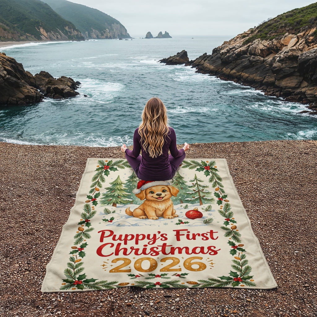 Puppy's First Christmas 2026 Fleece Blanket - Golden Puppy in Santa Hat